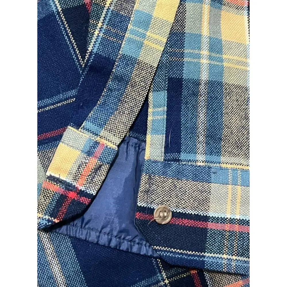 Vtg 70s Sears Mens M Blue Plaid Flannel Acrylic Made in Korea Grunge Distressed